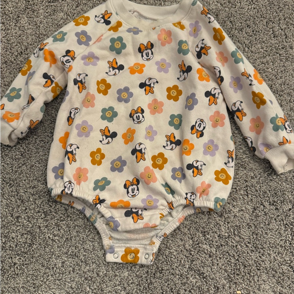 Cream Minnie Mouse Floral Long-Sleeve One-Piece for Kids